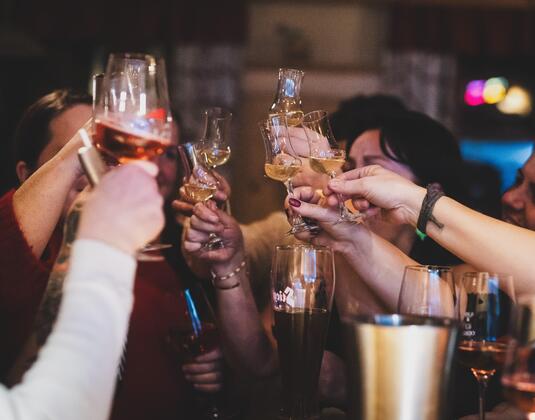 A group of people raises glasses for a toast. The atmosphere is festive and happy.
