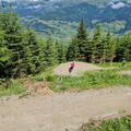 A cyclist is riding a path through a forest with many green trees. In the background, mountains and a beautiful valley can be seen.