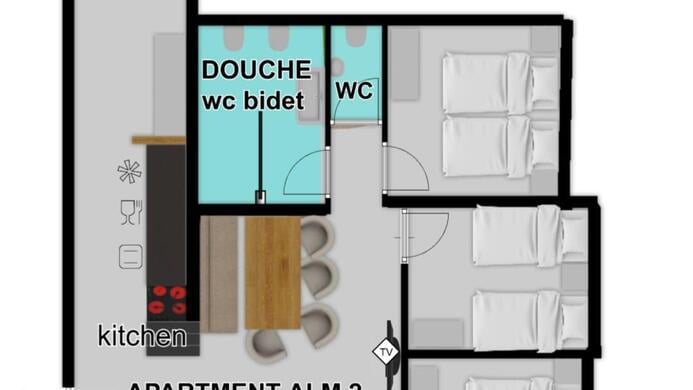 The floor plan shows an apartment with two bedrooms, a kitchen, and a bathroom. There is also a balcony at the front of the house.