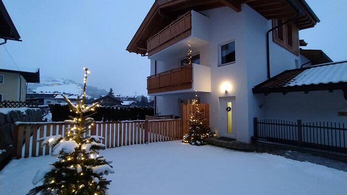 A cozy house with three floors, surrounded by snow. In the garden stands a small, decorated Christmas tree.