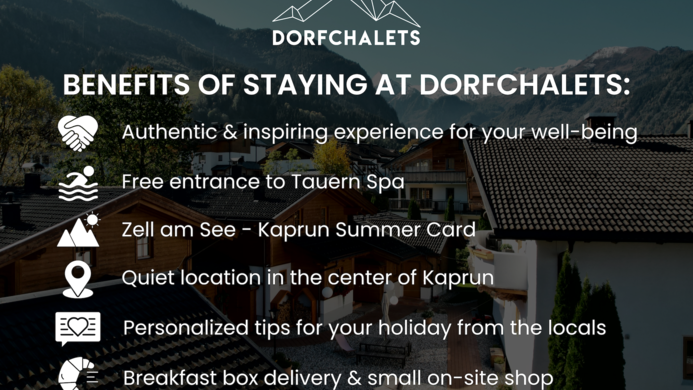 Eine bildliche Darstellung der Vorteile eines Aufenthalts in den Dorfchalets. Es zeigt eine ruhige Umgebung mit Wellness-Angeboten und lokalen Empfehlungen f&uuml;r einen inspirierenden Urlaub.