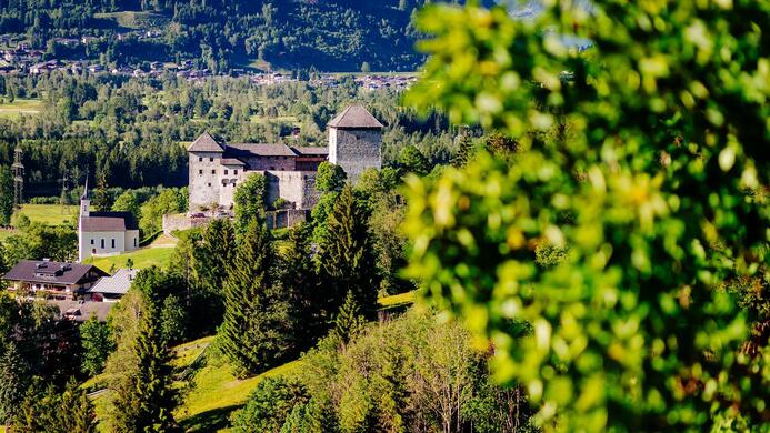 Eine beeindruckende Burg inmitten von gr&uuml;nen H&uuml;geln und W&auml;ldern. Die Landschaft ist malerisch und die Natur &uuml;ppig.