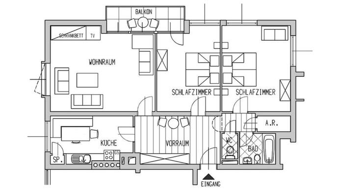 Ein Grundriss einer Wohnung mit einem Wohnraum, zwei Schlafzimmern und einer K&uuml;che. Der Plan zeigt auch einen Balkon und das Badezimmer.